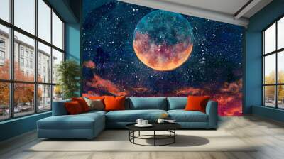 Fantastic oil painting beautiful big planet moon among stars in universe. Fantasy concept cosmos fine art paintingartwork for book illustration Wall mural