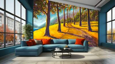 Oil painting hiking trail road in sunny forest park alley artwork, big sun trees on orange autumn rural landscape illustration on canvas Wall mural