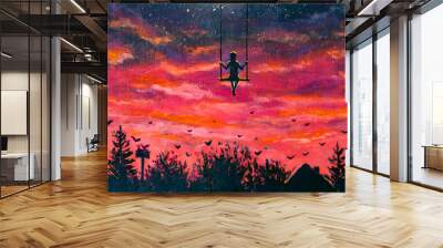 Painting Girl guy rides on swing in sky against background of beautiful purple pink sunset and starry sky. Romantic fantastic landscape for fairy tales or illustration for book. Wall mural