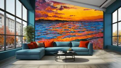 Vertical impressionism painting Beautiful sunset over the sea. Sea waves and warm sun in the evening sky Wall mural