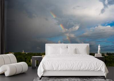 Bremen, Germany, July 16, 2024 - High angle over the suburbs with apartment blocks with a rainbow Wall mural