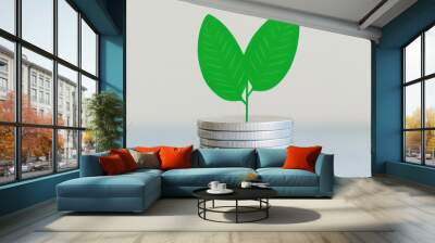 A green leaf symbolizing eco-friendly investment or growth, placed on a stack of silver coins depicting financial stability and sustainable development in a minimalist setting. Wall mural