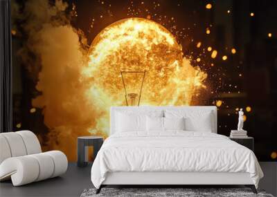 A light bulb captures the moment of an intense fiery explosion with glowing embers and sparks radiating outwards, creating a stunning visual of electrical energy burst. Wall mural