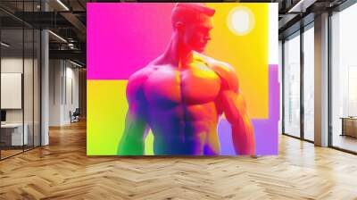 A striking image of a muscular man set against a background filled with vibrant gradients, blending human form with abstract, colorful artistry in a modern style. Wall mural