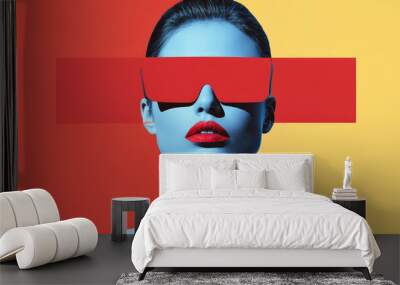 A stylized image featuring a blue-hued person with a large red rectangular block obscuring their face, creating a striking and thought-provoking visual effect. Wall mural