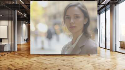 A young woman with a calm expression, dressed in modern casual attire stands against an urban cityscape backdrop. The lighting and composition highlight her serene demeanor. Wall mural