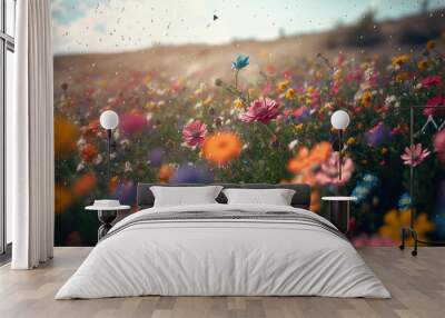 close-up of a beautiful field of flowers with flying pollen Wall mural