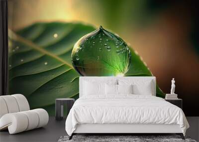 Close-up of a water drop on a green leaf. Wall mural