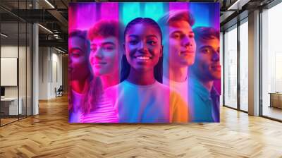 collage of young people in neon colors, ai generated Wall mural