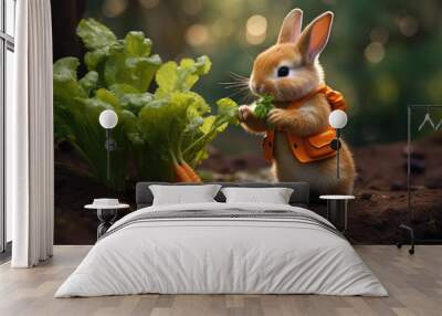 cute bunny in a garden with carrots Wall mural