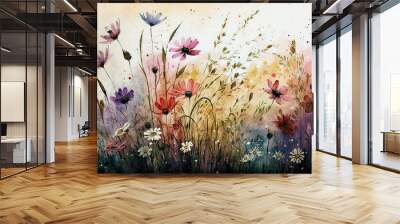 field of flowers in style of aquarelle, ai generated Wall mural