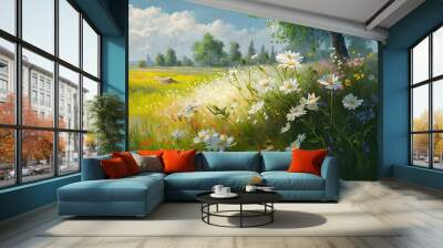 field with flowers in aquarelle style, ai generated Wall mural