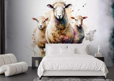 portrait of a group sheeps in aquarelle style, ai generated Wall mural