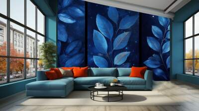 This illustration features a three-panel display of blue leaves set against a cosmic background, highlighting a harmonious blend of nature and universe elements. Wall mural