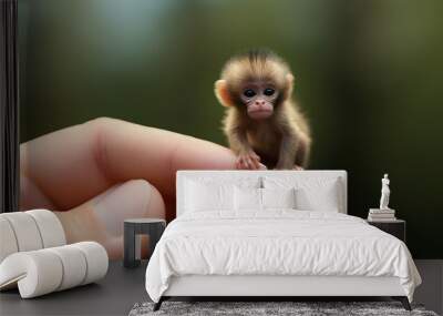 tiny small monkey sitting on a finger tip, ai generated Wall mural