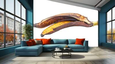 Two overripe bananas with brown and yellow skins shown on a white background. Suitable for images related to food waste, ripeness, and natural processes. Wall mural