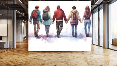 watercolor backview of young people holding hands , ai generated Wall mural