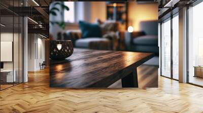 wooden table and blurry background of comfortable living room Wall mural