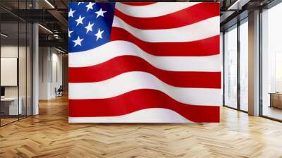 Close up of ruffled American flag. Satin texture curved flag of USA. Memorial Day or 4th of July. Banner, freedom concept Wall mural