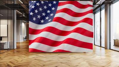 Close up of ruffled American flag. Satin texture curved flag of USA. Memorial Day or 4th of July. Banner, freedom concept Wall mural