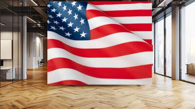 Close up of ruffled American flag. Satin texture curved flag of USA. Memorial Day or 4th of July. Banner, freedom concept Wall mural