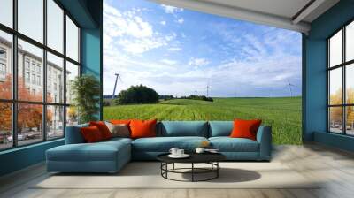 Wind turbine on the green grass over the blue clouded sky. Protection of nature. Wind turbine - renewable energy source. Wall mural