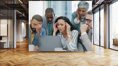 Office, teamwork and business people with stress for laptop, bad connection and glitch on company page. Corporate staff, men and women with headache for network problem, website error and mistake Wall mural