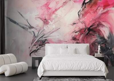 painting of a bird with a pink wing and a black and white background Wall mural