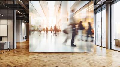 Blurred background of a modern shopping mall with some shoppers. Shoppers walking at shopping center, motion blur. Abstract motion blurred shoppers with shopping bags Wall mural