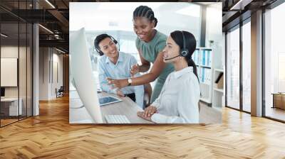 Call center, customer service worker and teamwork or training and coaching with manager on client call. Diversity, headset and computer to work, consulting and telemarketing, leadership and support Wall mural