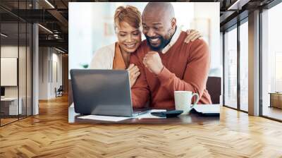 Laptop, happy black couple investment winner for success, financial insurance or house mortgage loan review. Celebration, smile or black woman and man with happiness, online banking or home payment Wall mural