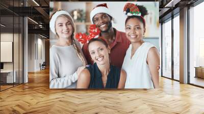 Office team, Christmas party and celebration with a smile at work. Diversity, workers and happy business people celebrating holiday together at party, festive group or financial year at the company Wall mural