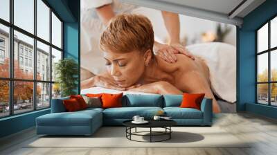 Relax, massage and spa with back of old black woman for wellness, skincare and health. Peace, vacation and luxury with elderly lady and massage therapist in hotel resort for holiday and beauty Wall mural