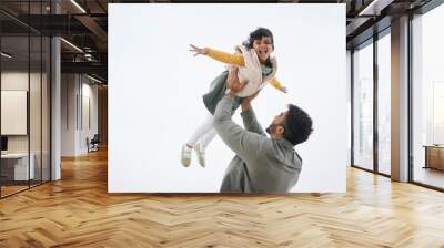 Airplane, sky background mockup or child playing with father to relax or bond with love or care, Smile, outdoor flying space or excited Indian dad with a kid to enjoy fun games on a holiday together Wall mural