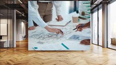 Architect, hands and planning building on paper for construction design or layout at the office. Group hand of employee in teamwork project plan for architecture working on model build or blueprint Wall mural