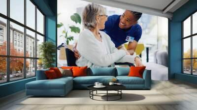 Black man, caregiver or old woman in wheelchair talking or speaking in homecare rehabilitation together. Medical healthcare advice or male nurse nursing or helping elderly patient with disability Wall mural