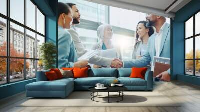 Business people, handshake and meeting in b2b, agreement or deal for teamwork or growth at office. Businessman shaking hands with woman in recruiting for team introduction, greeting or partnership Wall mural