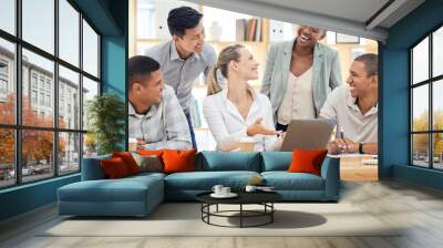 Business team planning, working and office laptop of teamwork, collaboration and work group. Corporate people laughing together showing solidarity and company online busy with a workplace meeting Wall mural