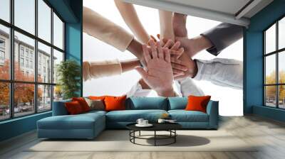 Hands together, teamwork and collaboration support of staff showing trust, success and community. Team and business goal motivation of a corporate group with a career and solidarity hand gesture Wall mural