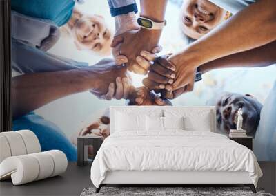 Holding hands, fitness and group of people in teamwork, collaboration and community, healthcare love and support. Portrait, workout and diversity friends, together sign or hope for wellness below Wall mural