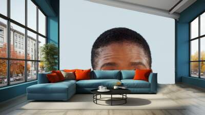 Idea, space and eyes with woman in studio for mockup, planning and opinion. Question, why and confused with closeup face of african person thinking on grey background for guide, remember and choice Wall mural