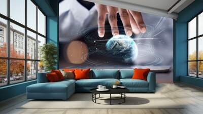 Tablet hologram, global network or man hands with world analysis of digital earth communication or worldwide networking. Future night, holographic planet ui or media network employee working overtime Wall mural