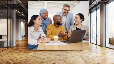 Business people, meeting and computer in group planning in marketing, website design and office presentation. Team of men and woman on laptop for teamwork, funny conversation or project collaboration Wall mural