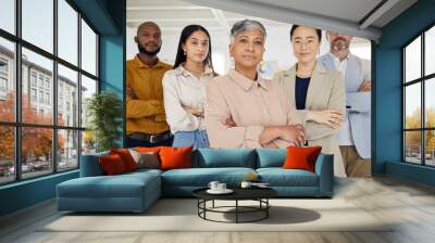 Business people, serious and arms crossed portrait in a office with diversity and senior woman ceo. Company, management team and confidence of professional leadership and creative agency group Wall mural