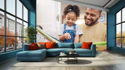 Dad, daughter and book on sofa together, bonding and love in storytelling in living room with smile. Happiness, father and child reading story on couch for fantasy, learning and education in home fun Wall mural