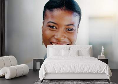 Face, business and black woman with smile, success and confident ceo in workplace, advertising agency and startup company. Portrait, African female employee and manager with happiness and motivation Wall mural