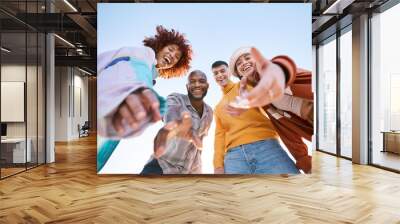 Friends, selfie and hands outdoor for social media, fashion and fun adventure. Below diversity, youth and portrait of student group or men and woman for profile picture, memory and freedom in nature Wall mural