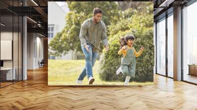 Happy, family running and garden of new home with love, support and fun with dad and kid. Backyard, smile and moving of game, father and young girl together with bonding outdoor and real estate Wall mural