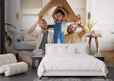 Happy, gay family and a child with cardboard roof or home with love, care and safety in a lounge. Lgbtq men, adoption and parents with a foster girl kid together for new house, mortgage and insurance Wall mural