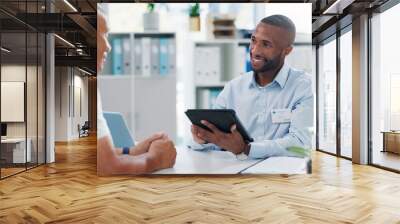 Man, doctor and consultation with tablet, patient or diagnosis for healthcare results at hospital. Male person or medical employee talking, explaining or consulting with technology at clinic checkup Wall mural